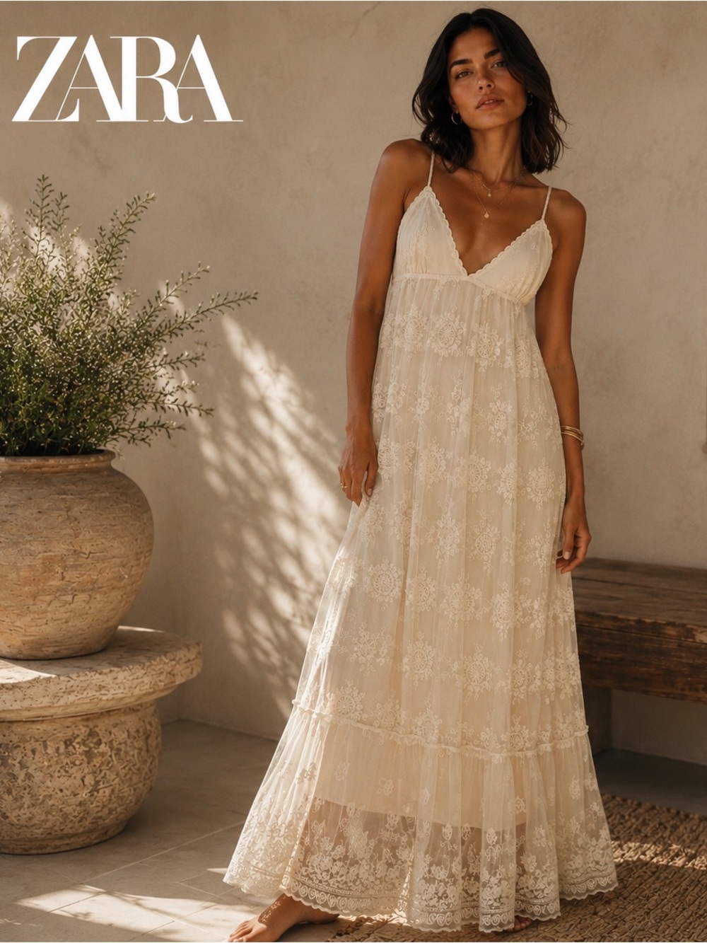 🌸ZARA Cream Lace Maxi Dress with Spaghetti Straps size L Bohemian Fairy Romantic